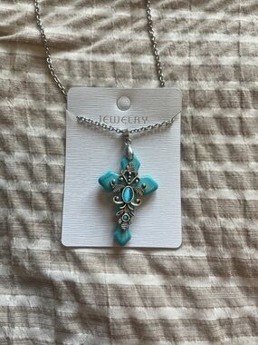 Turquoise Cross Pendant Necklace with Silver Accents